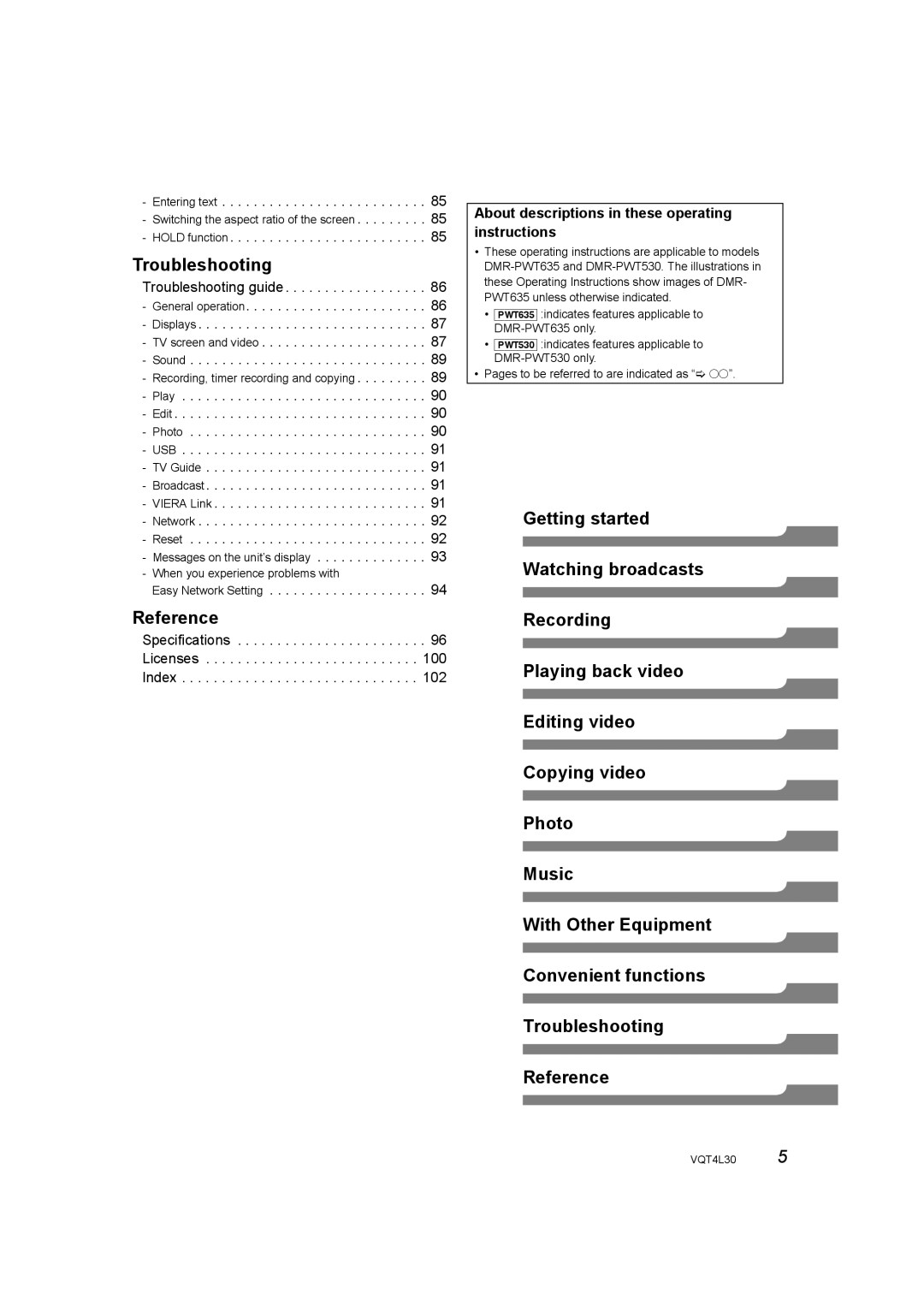 Panasonic DMR-PWT635, DMR-PWT530 operating instructions Easy Network Setting, Specifications Licenses Index 