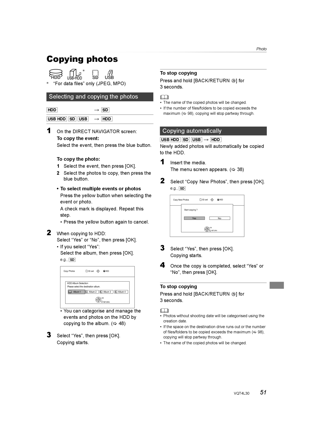 Panasonic DMR-PWT635, DMR-PWT530 Copying photos, Selecting and copying the photos, Copying automatically 