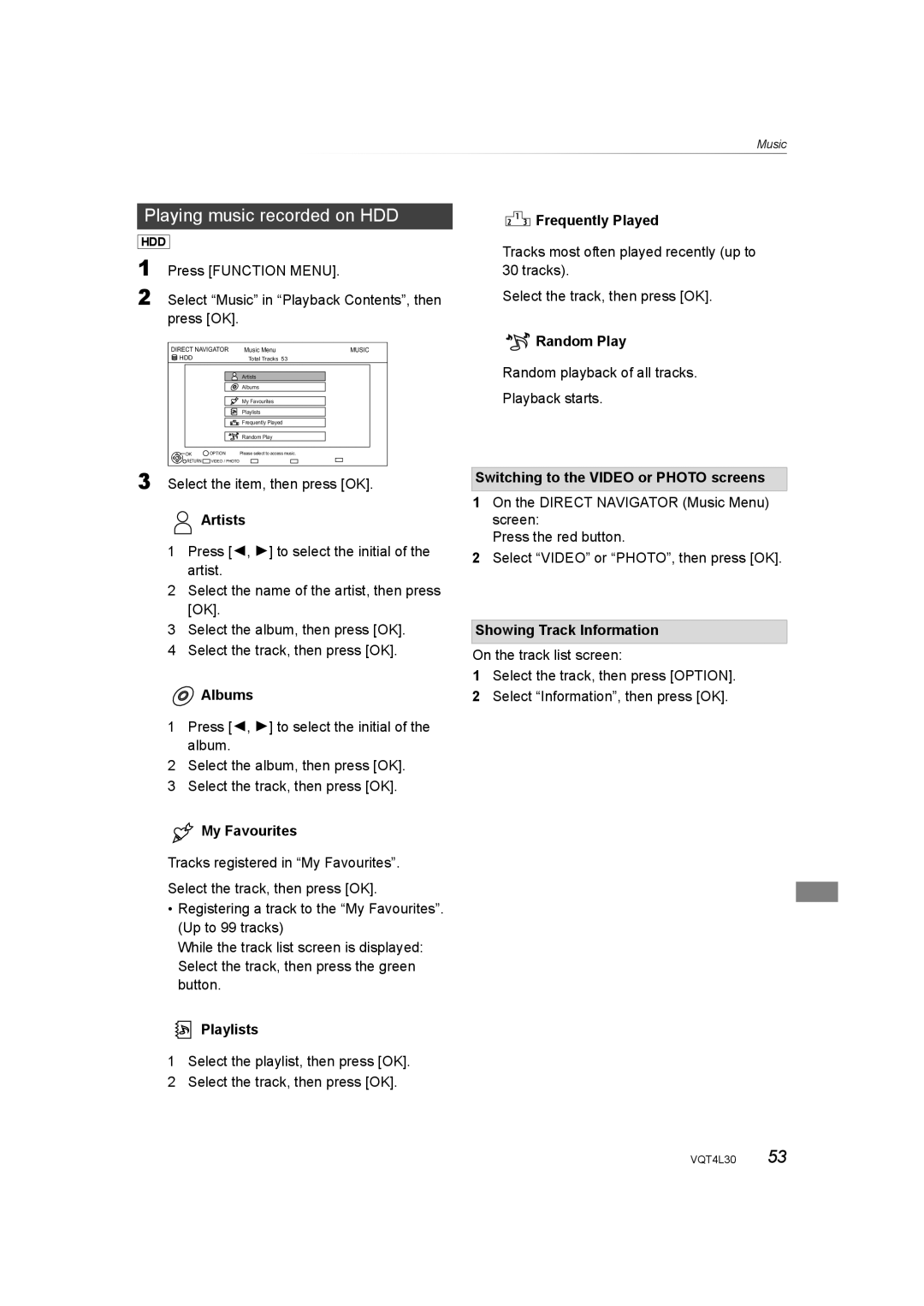 Panasonic DMR-PWT635, DMR-PWT530 operating instructions Playing music recorded on HDD 