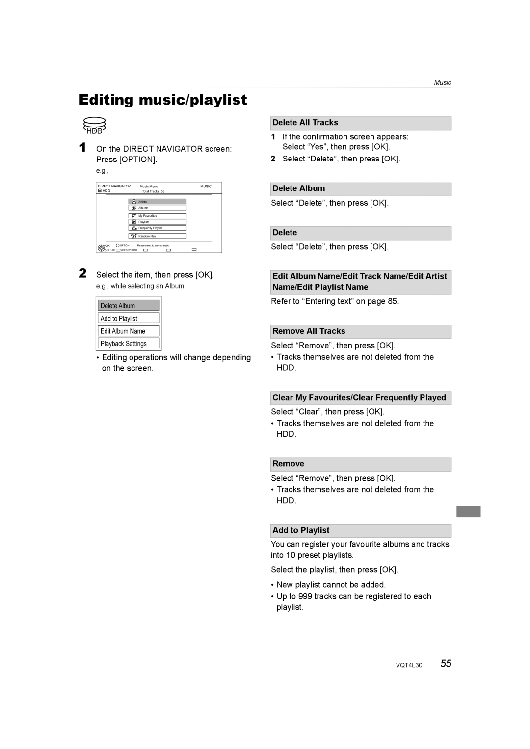 Panasonic DMR-PWT635, DMR-PWT530 operating instructions Editing music/playlist 