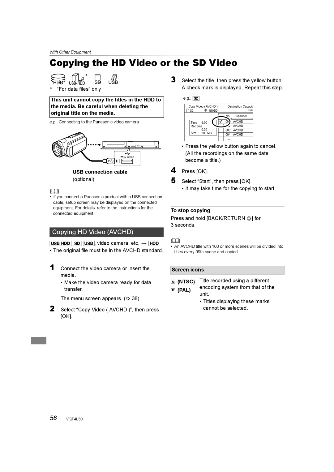 Panasonic DMR-PWT530, DMR-PWT635 Copying the HD Video or the SD Video, Copying HD Video Avchd, USB connection cable, Pal 