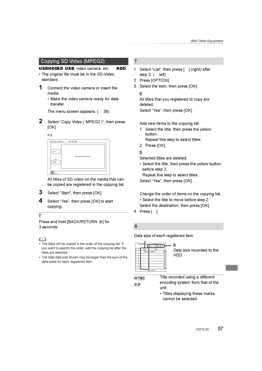 Panasonic DMR-PWT635, DMR-PWT530 operating instructions To edit the copying list, Delete All, Add, Move, Size, Ntsc PAL 