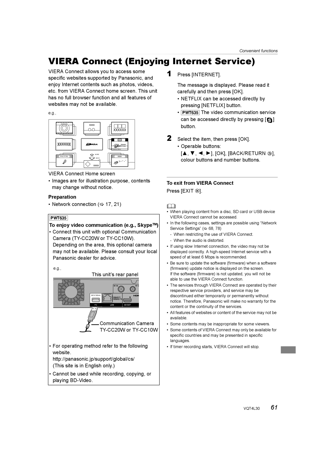 Panasonic DMR-PWT635, DMR-PWT530 Convenient Viera Connect Enjoying Internet Service, Can be accessed directly by pressing 