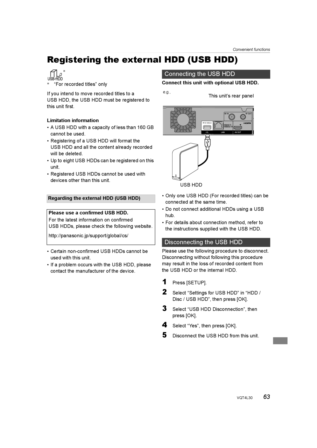 Panasonic DMR-PWT635, DMR-PWT530 Registering the external HDD USB HDD, Connecting the USB HDD, Disconnecting the USB HDD 