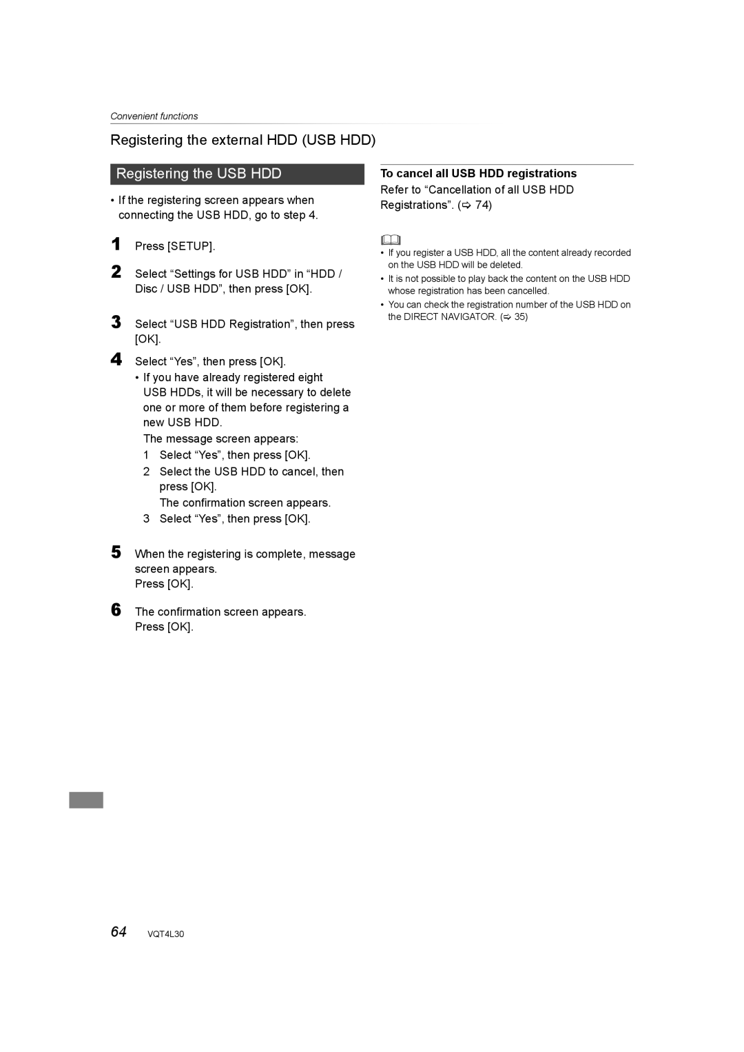 Panasonic DMR-PWT530, DMR-PWT635 operating instructions Registering the USB HDD, To cancel all USB HDD registrations 