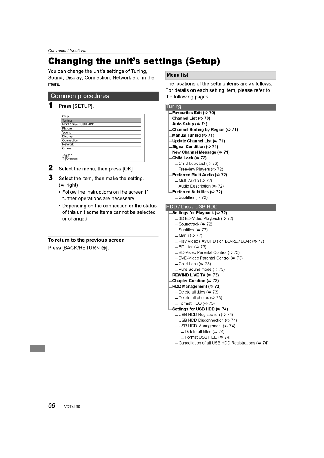 Panasonic DMR-PWT530 Changing the unit’s settings Setup, Common procedures, To return to the previous screen, Menu list 