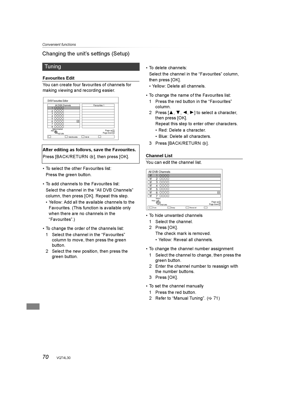 Panasonic DMR-PWT530, DMR-PWT635 Tuning, Favourites Edit, After editing as follows, save the Favourites, Channel List 