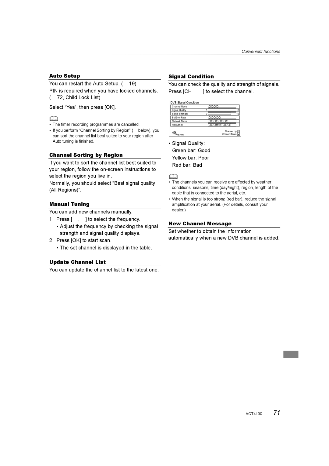 Panasonic DMR-PWT635 Auto Setup, Channel Sorting by Region, Manual Tuning, Update Channel List, Signal Condition 