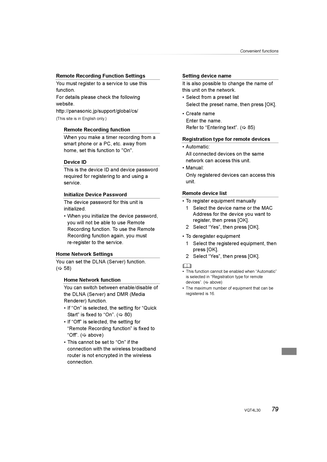 Panasonic DMR-PWT635 Remote Recording Function Settings, Remote Recording function, Device ID, Initialize Device Password 