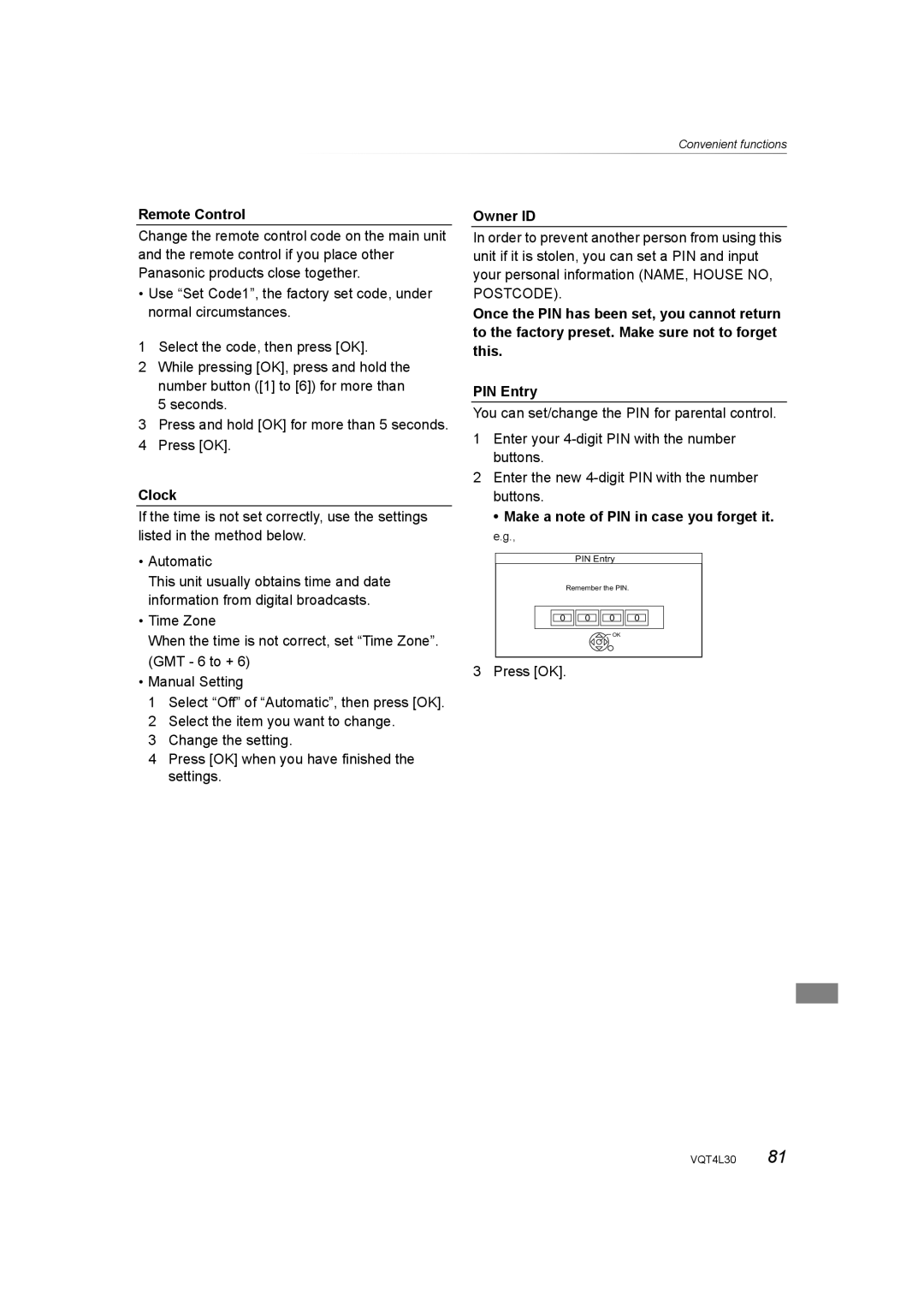 Panasonic DMR-PWT635, DMR-PWT530 operating instructions Clock, Owner ID, Make a note of PIN in case you forget it 