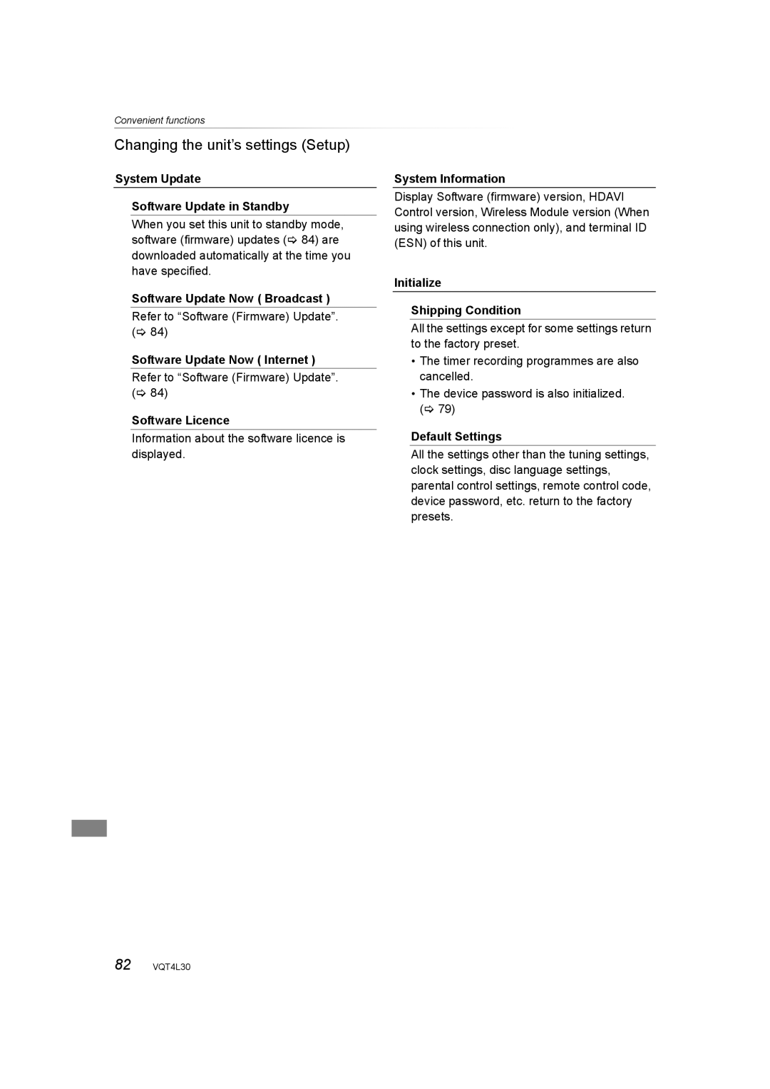 Panasonic DMR-PWT530 System Update Software Update in Standby, Software Update Now Broadcast, Software Update Now Internet 