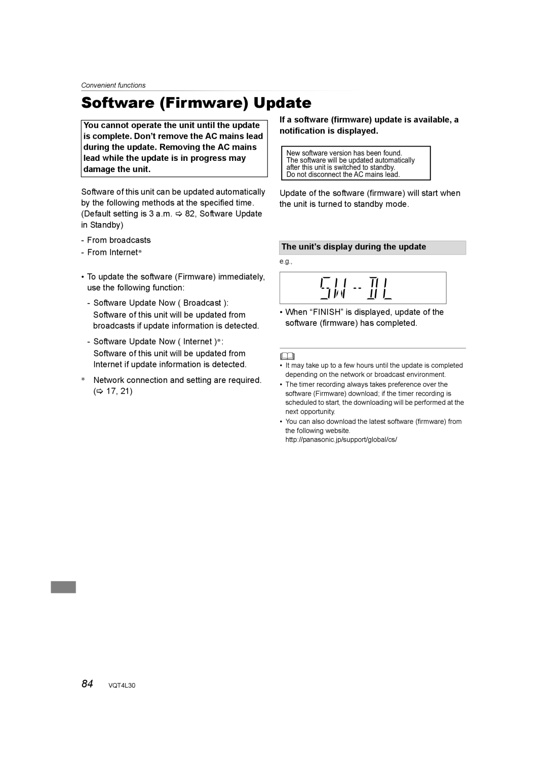 Panasonic DMR-PWT530, DMR-PWT635 operating instructions Software Firmware Update, Unit’s display during the update 