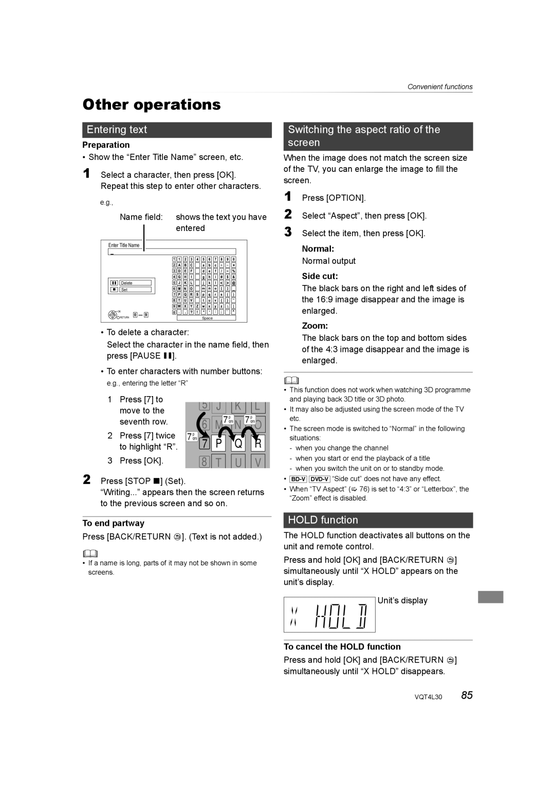 Panasonic DMR-PWT635, DMR-PWT530 Other operations, Entering text, Switching the aspect ratio of the screen, Hold function 
