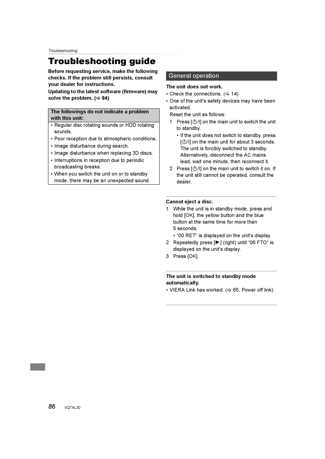 Panasonic DMR-PWT530 Troubleshooting Troubleshooting guide, General operation, Unit does not work, Cannot eject a disc 