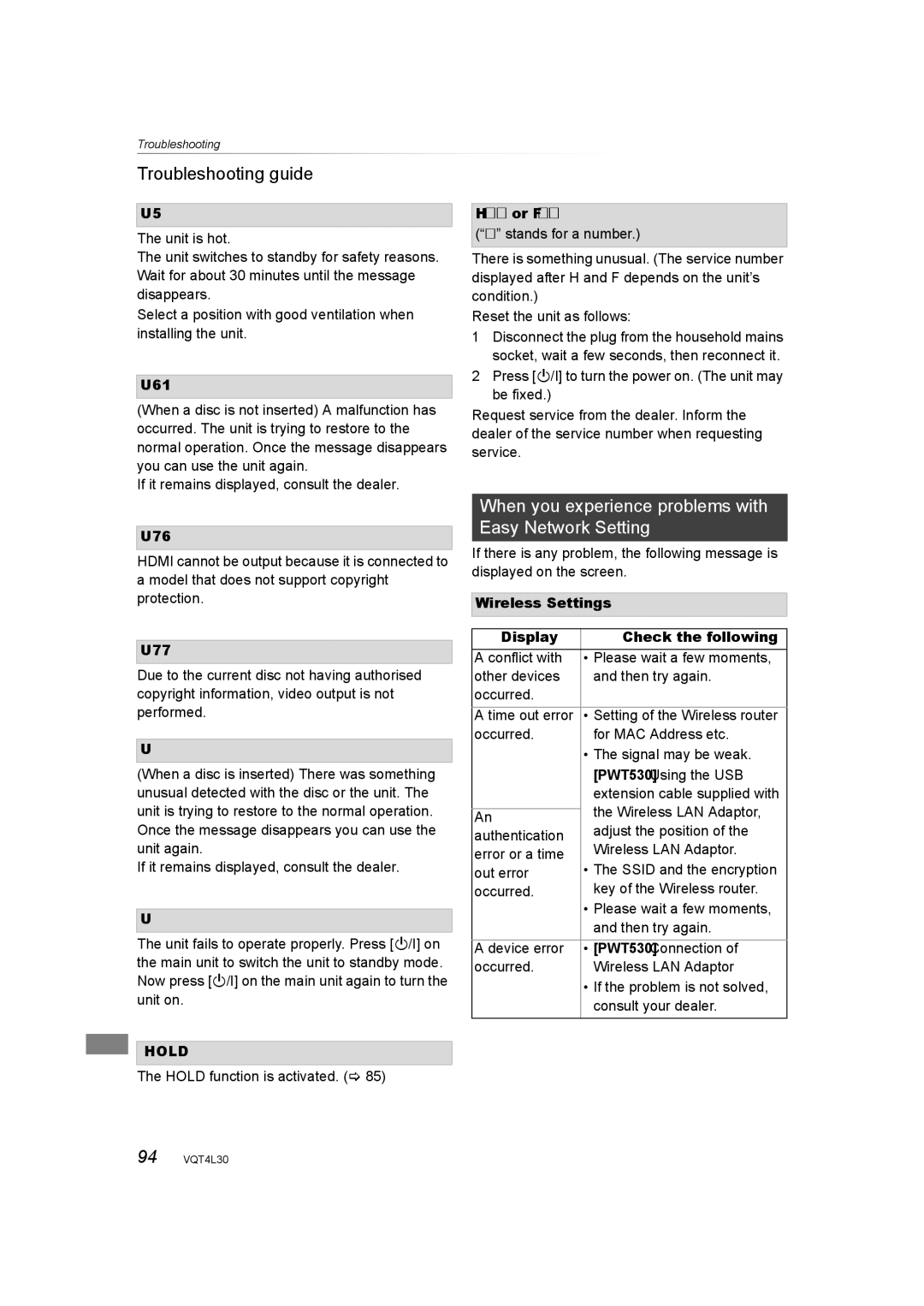 Panasonic DMR-PWT530, DMR-PWT635 operating instructions When you experience problems with Easy Network Setting, Hold 