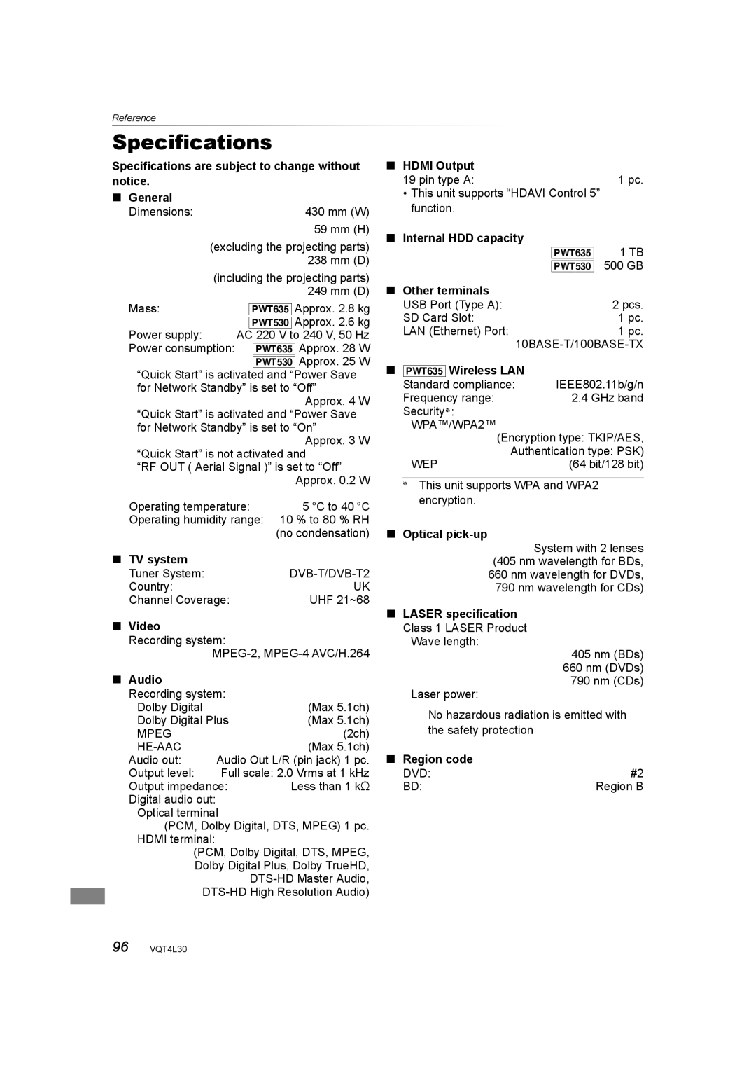 Panasonic DMR-PWT530, DMR-PWT635 operating instructions Reference Specifications 