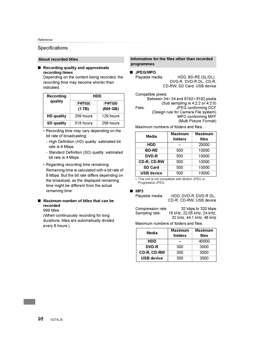 Panasonic DMR-PWT530, DMR-PWT635 operating instructions Jpeg/Mpo, Cd-R, Cd-Rw 