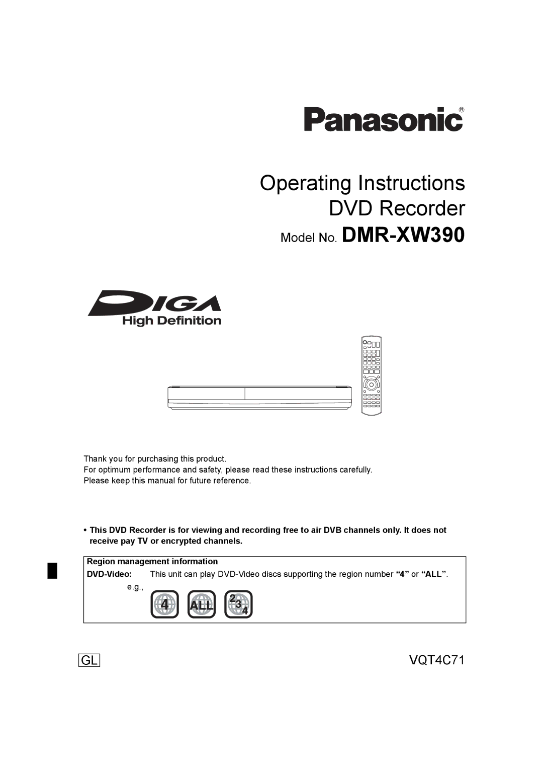 Panasonic DMR-XW390 operating instructions Operating Instructions DVD Recorder 