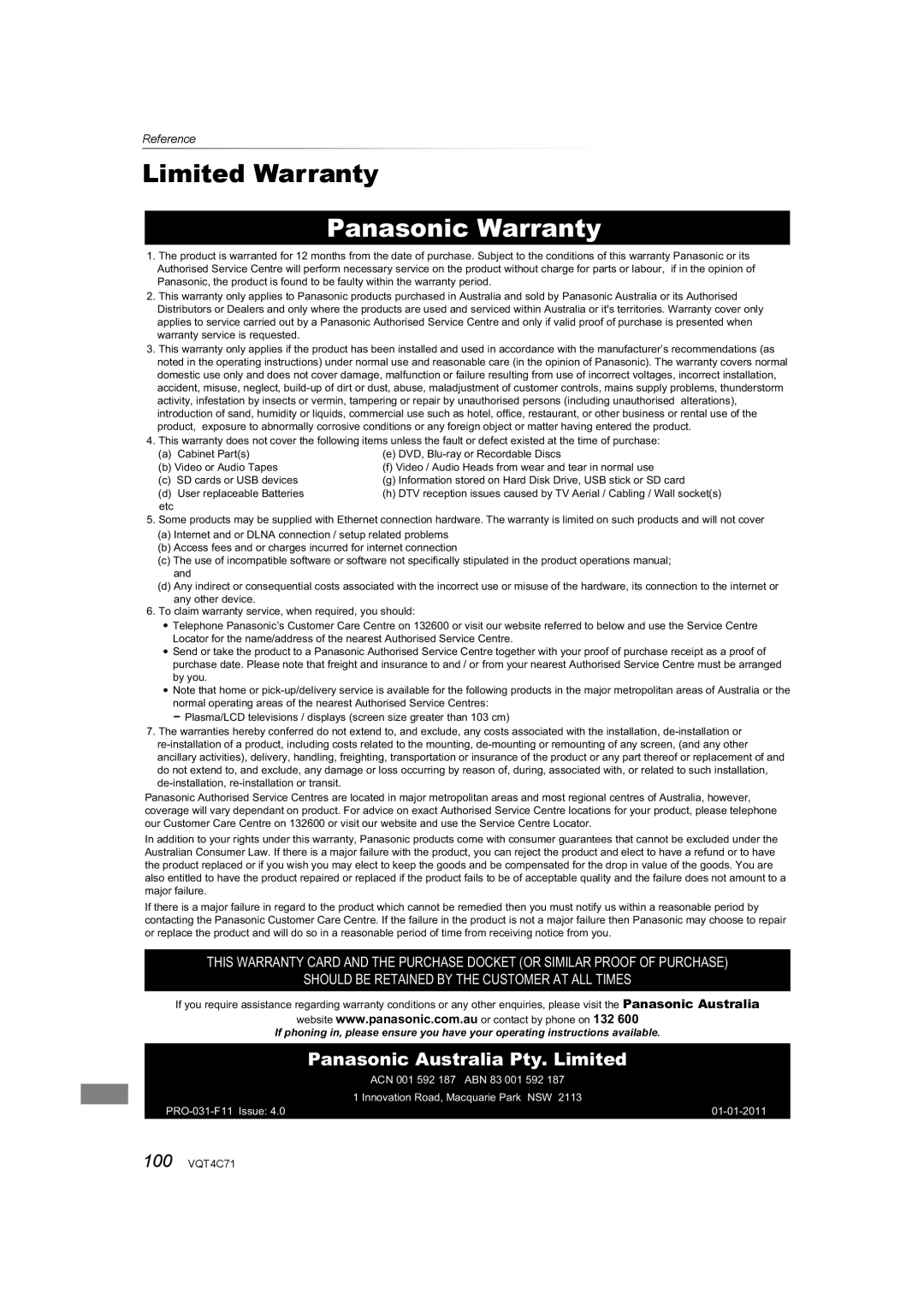 Panasonic DMR-XW390 operating instructions Limited Warranty, Panasonic Warranty 