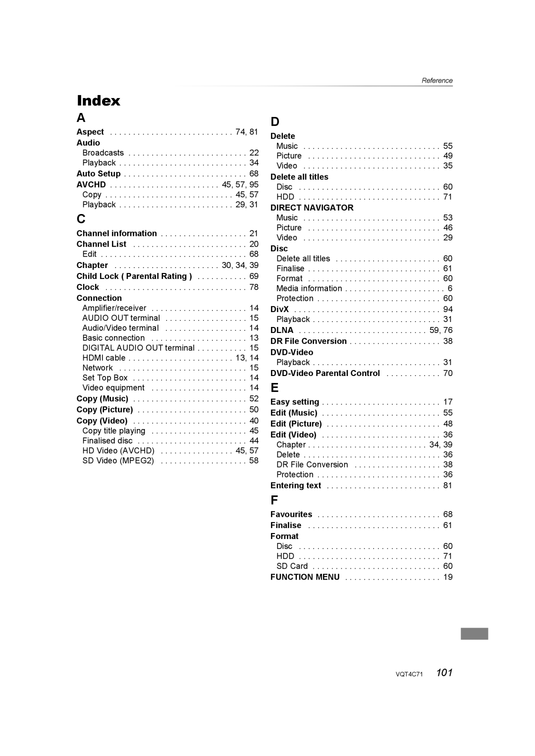 Panasonic DMR-XW390 operating instructions Index, Direct Navigator 