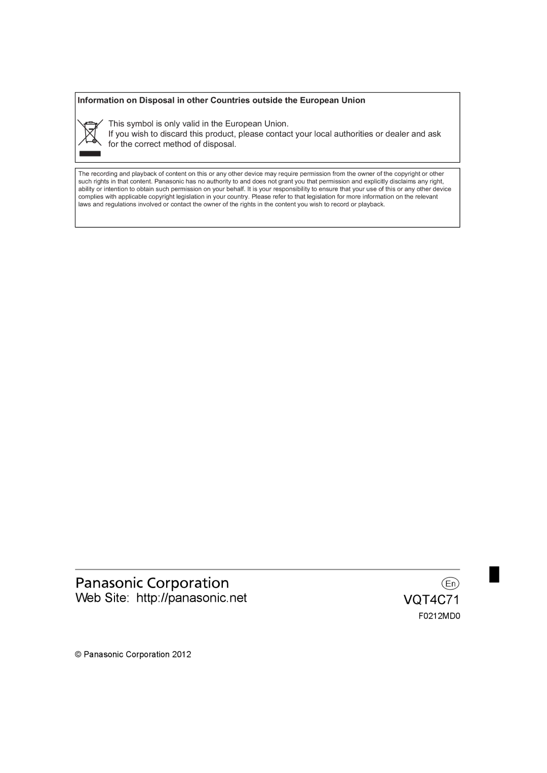 Panasonic DMR-XW390 operating instructions F0212MD0, Panasonic Corporation 