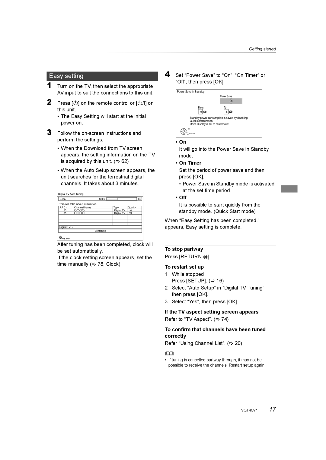 Panasonic DMR-XW390 operating instructions Easy setting 