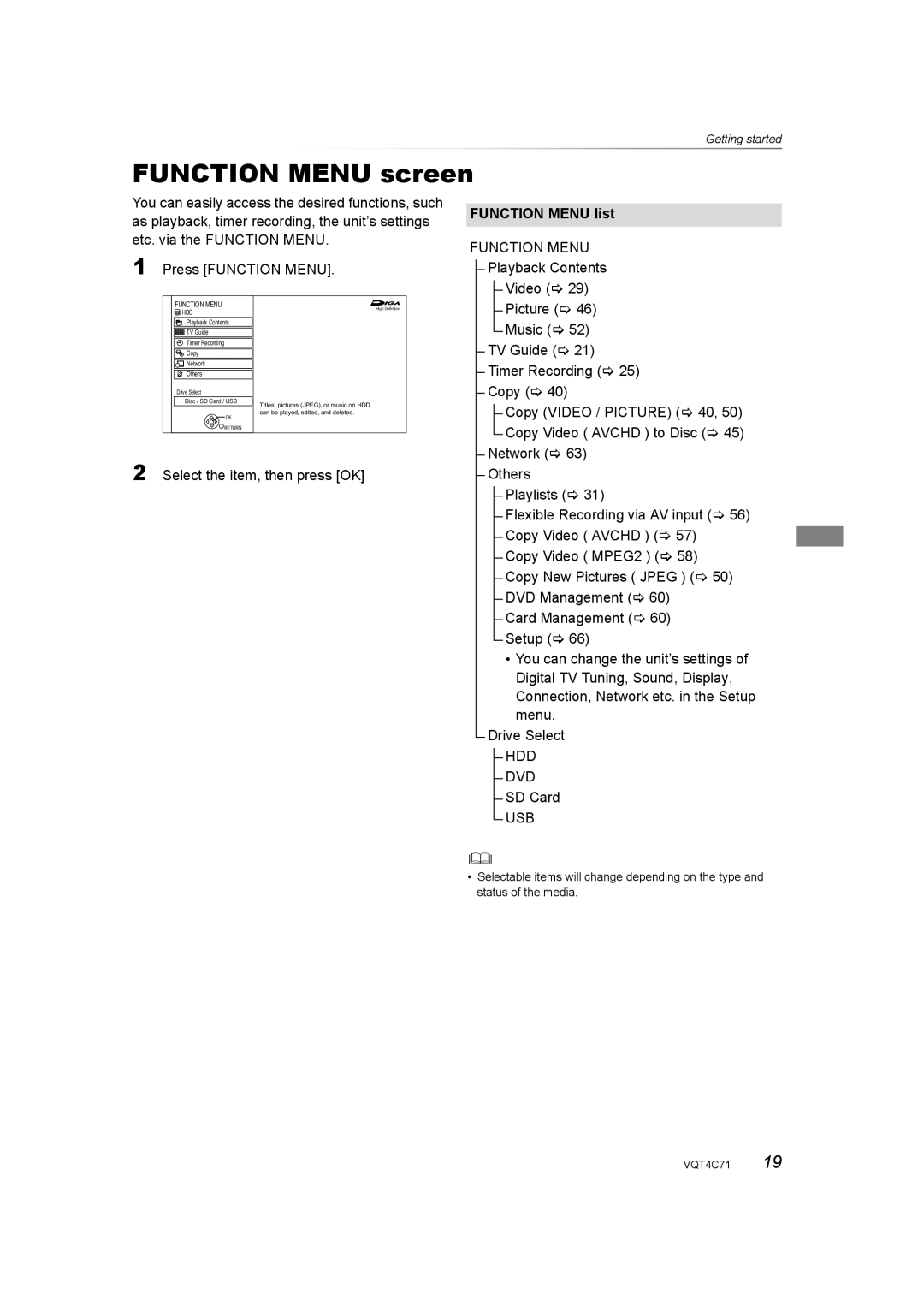 Panasonic DMR-XW390 operating instructions Function Menu screen, Function Menu list, Playback Contents Video, SD Card 