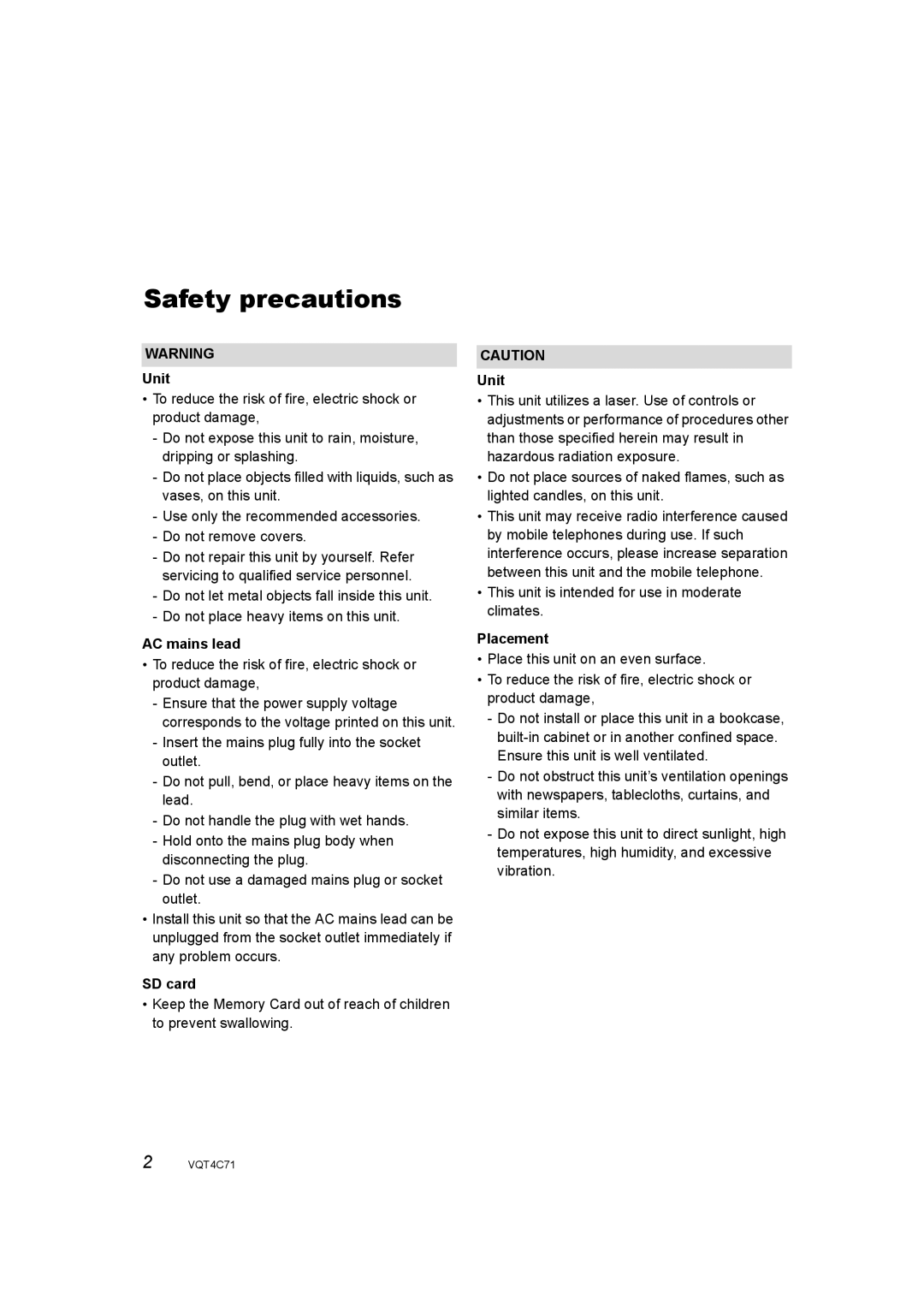 Panasonic DMR-XW390 operating instructions Safety precautions, Unit, AC mains lead, SD card, Placement 