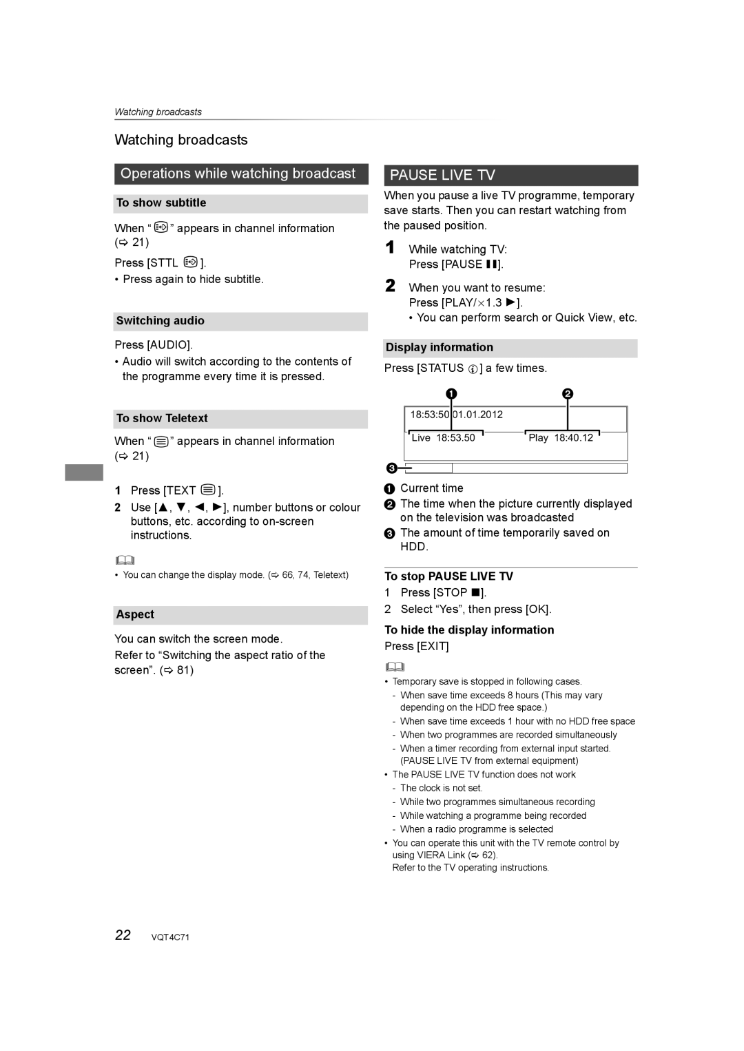 Panasonic DMR-XW390 operating instructions Watching broadcasts, Operations while watching broadcast 