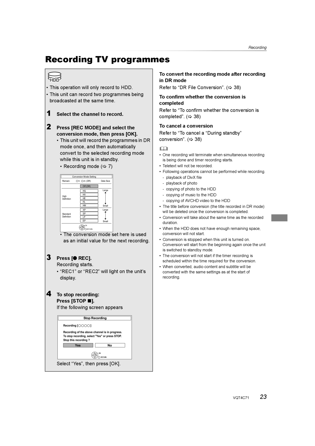 Panasonic DMR-XW390 operating instructions Recording Recording TV programmes 