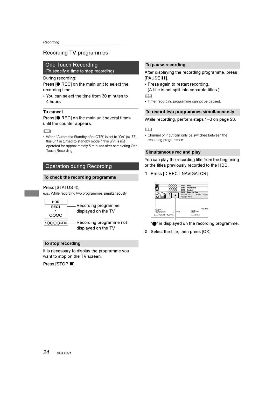 Panasonic DMR-XW390 operating instructions Recording TV programmes, One Touch Recording, Operation during Recording 