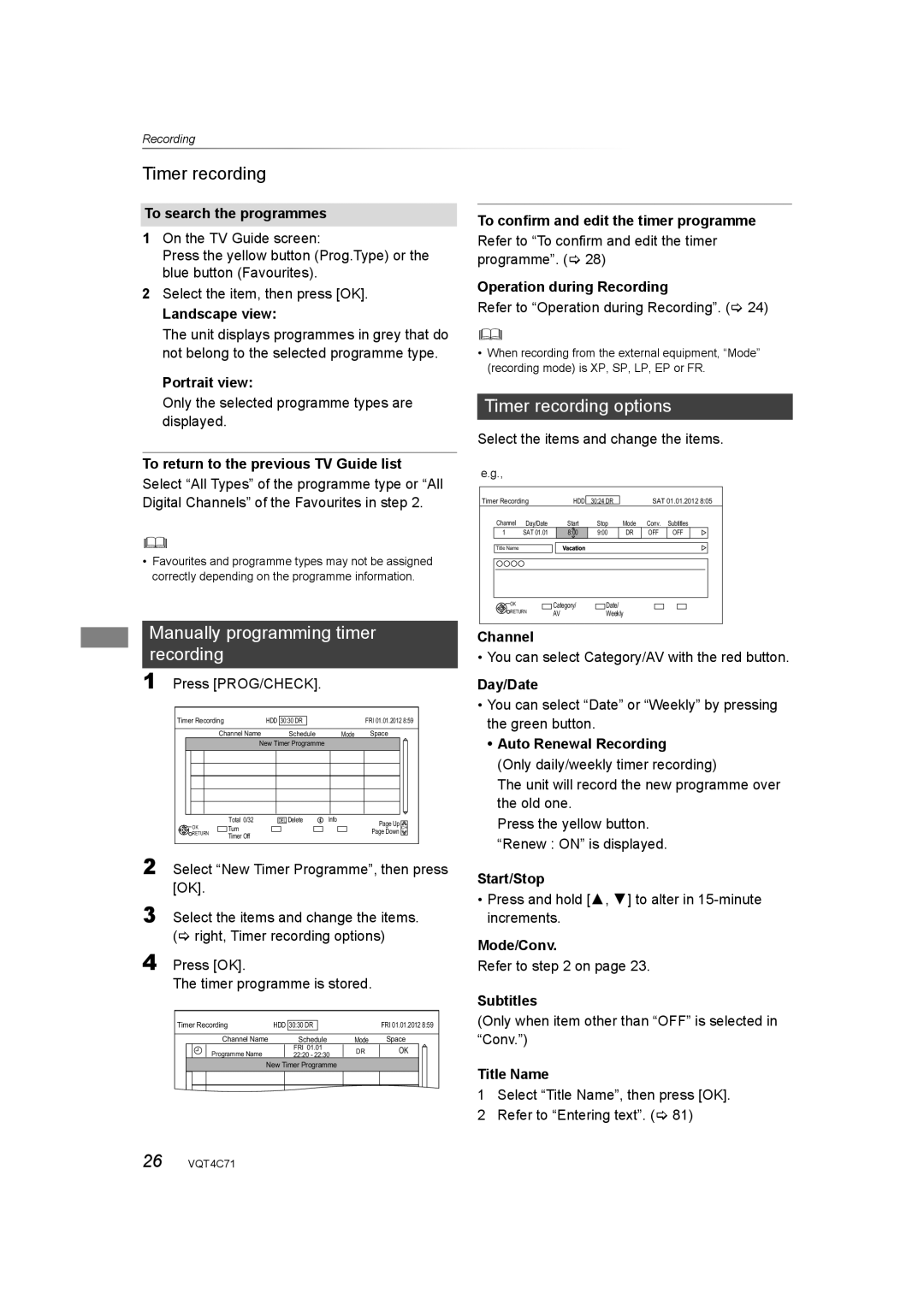 Panasonic DMR-XW390 operating instructions Manually programming timer recording, Timer recording options 