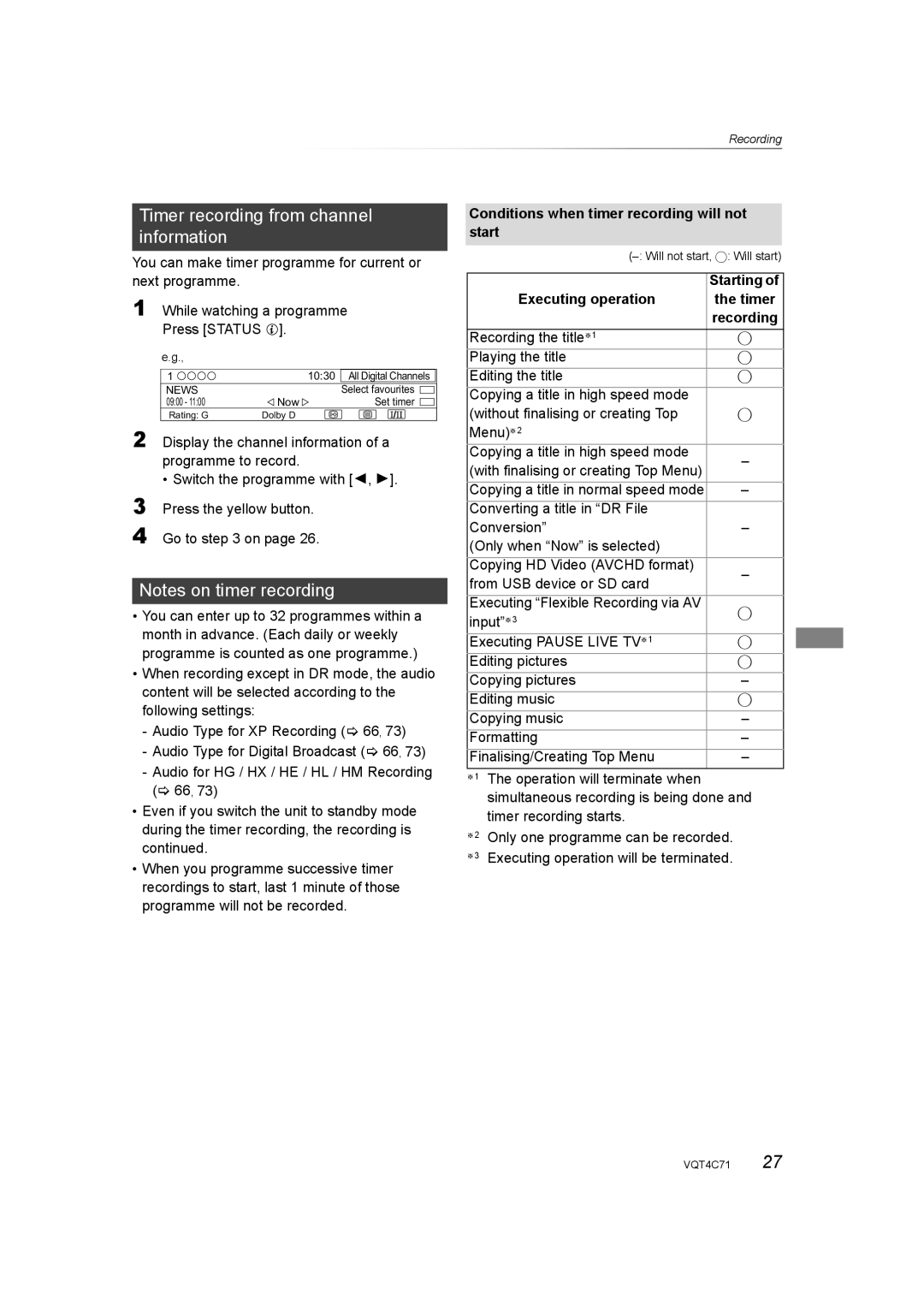 Panasonic DMR-XW390 Timer recording from channel information, Conditions when timer recording will not start, Input§3 