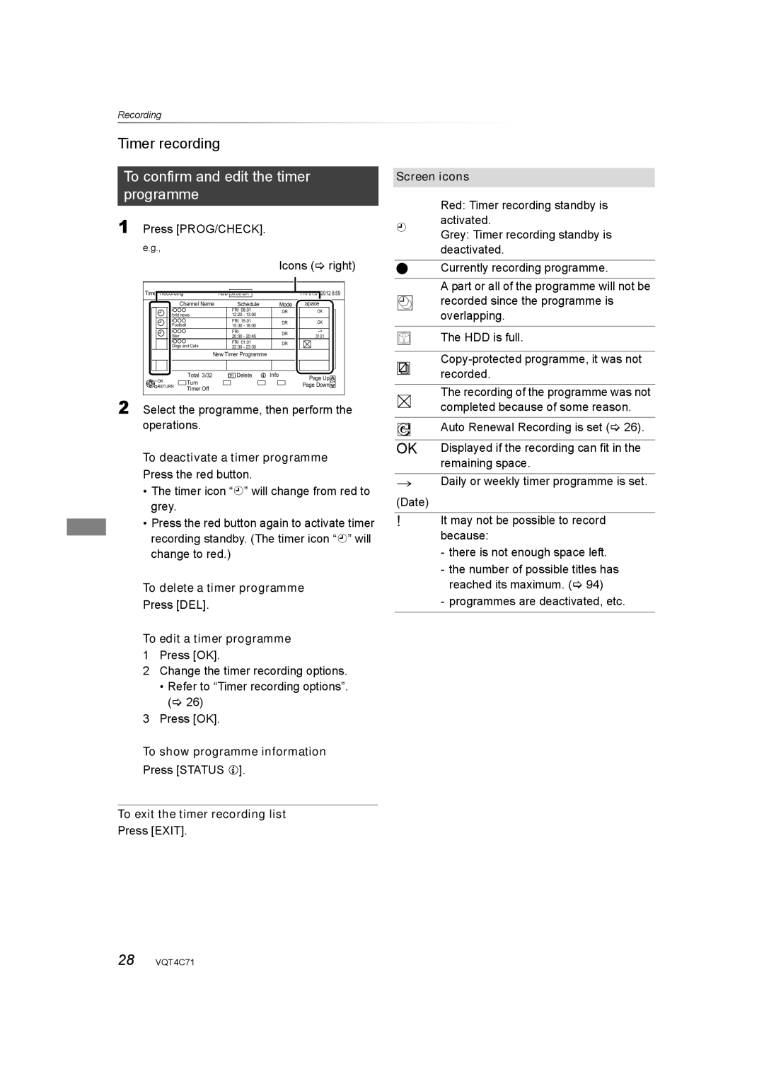 Panasonic DMR-XW390 operating instructions To confirm and edit the timer programme 