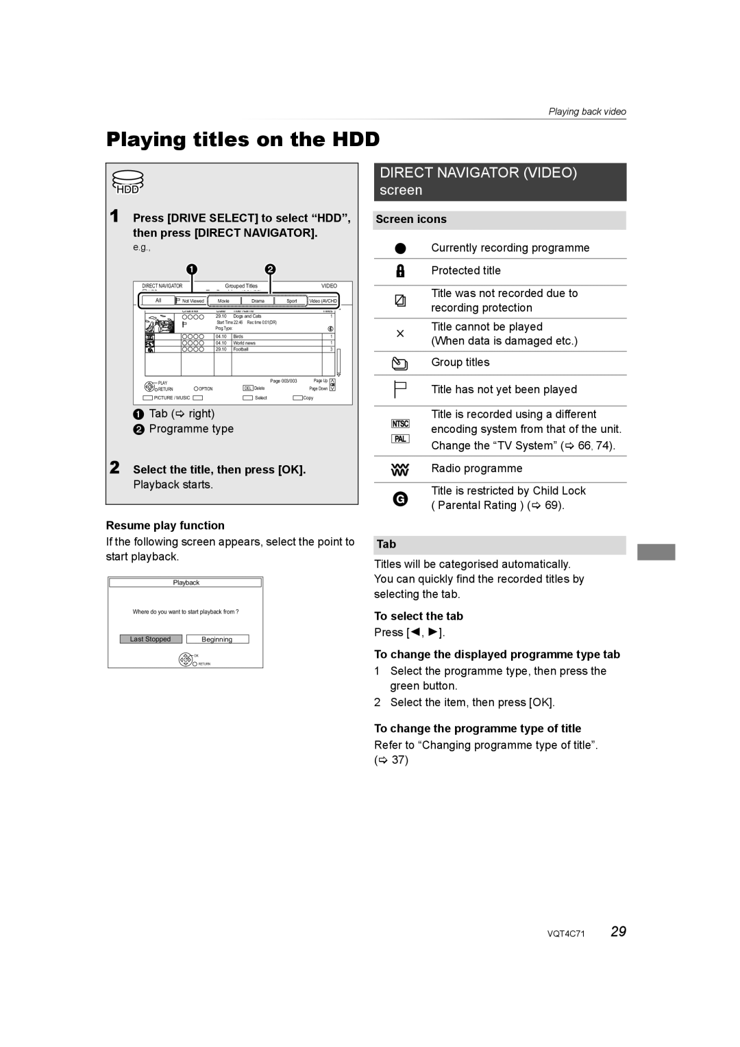 Panasonic DMR-XW390 operating instructions Playing titles on the HDD, Direct Navigator Video screen 