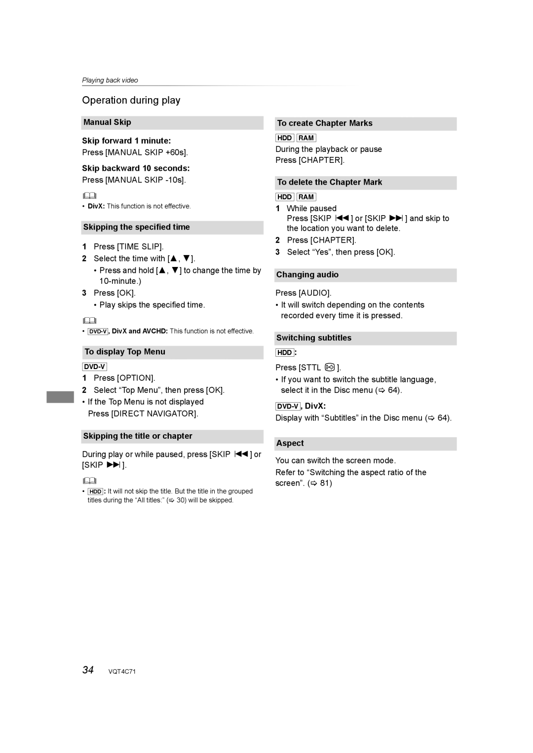 Panasonic DMR-XW390 operating instructions Operation during play 