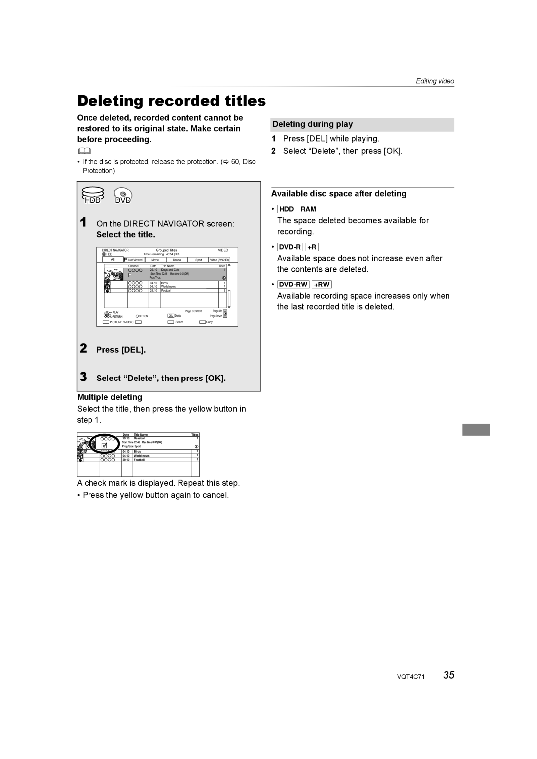 Panasonic DMR-XW390 operating instructions Editing video Deleting recorded titles, Deleting during play, Select the title 