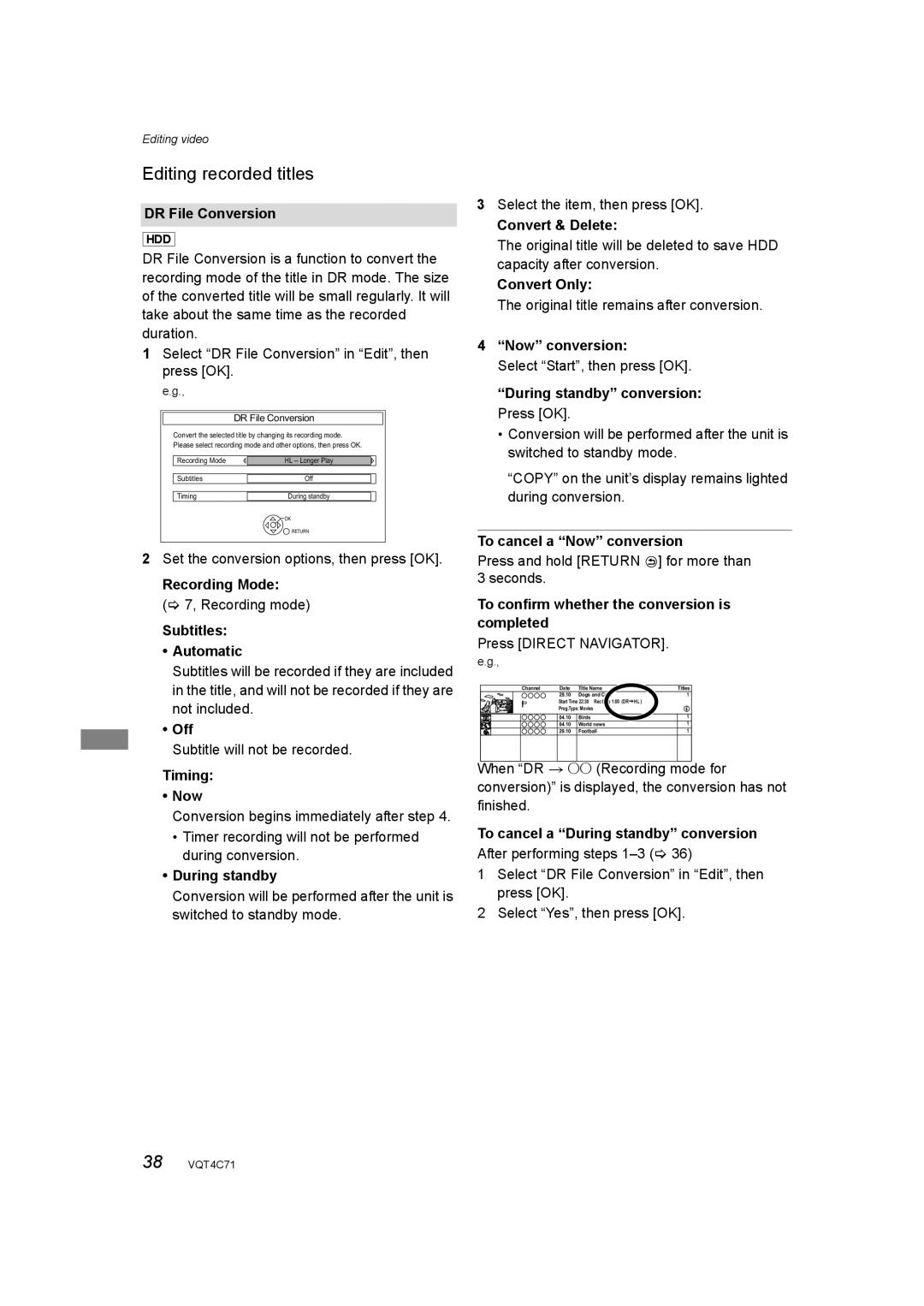 Panasonic DMR-XW390 operating instructions Editing recorded titles 