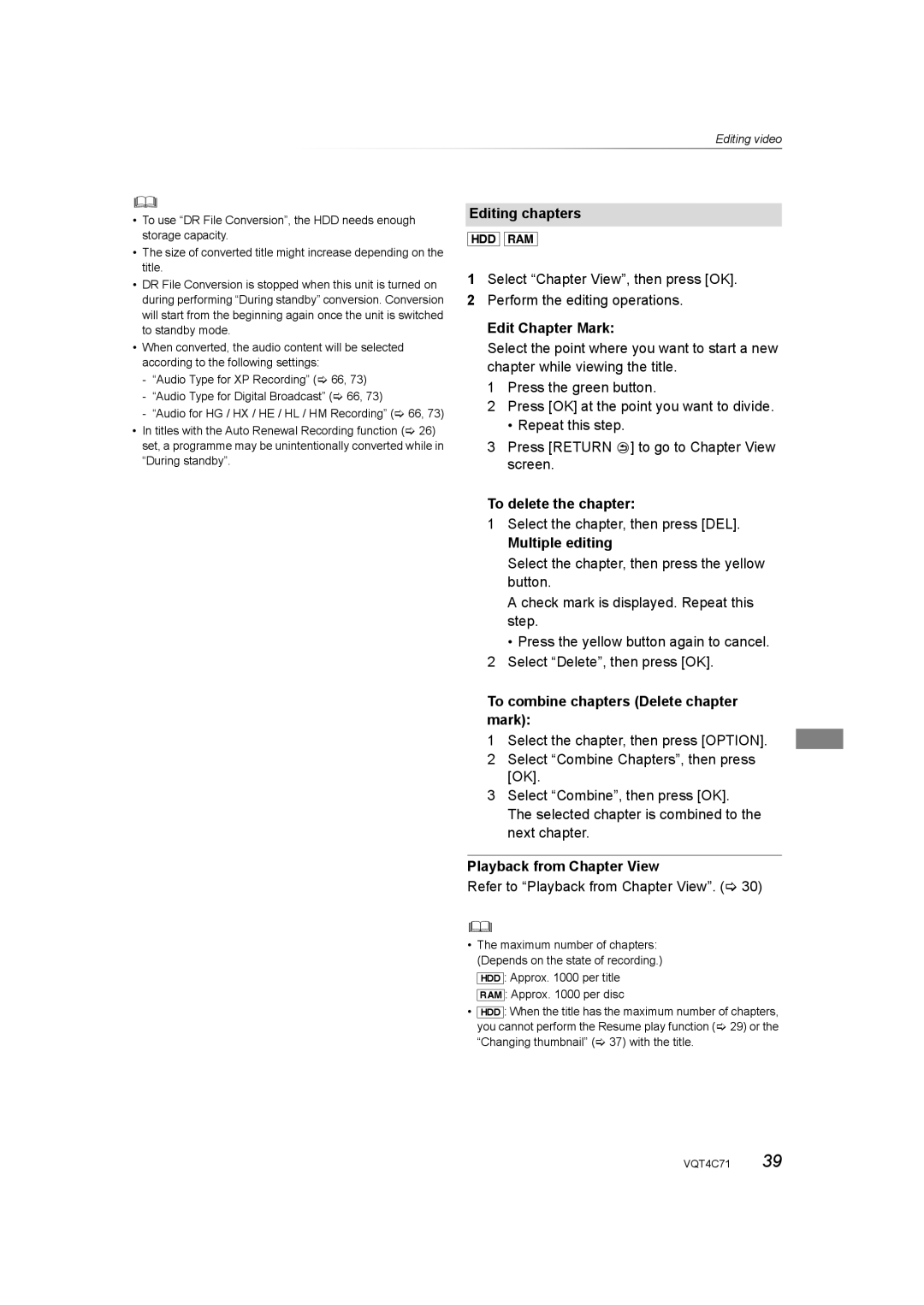 Panasonic DMR-XW390 Editing chapters, Edit Chapter Mark, To delete the chapter, Select the chapter, then press DEL 