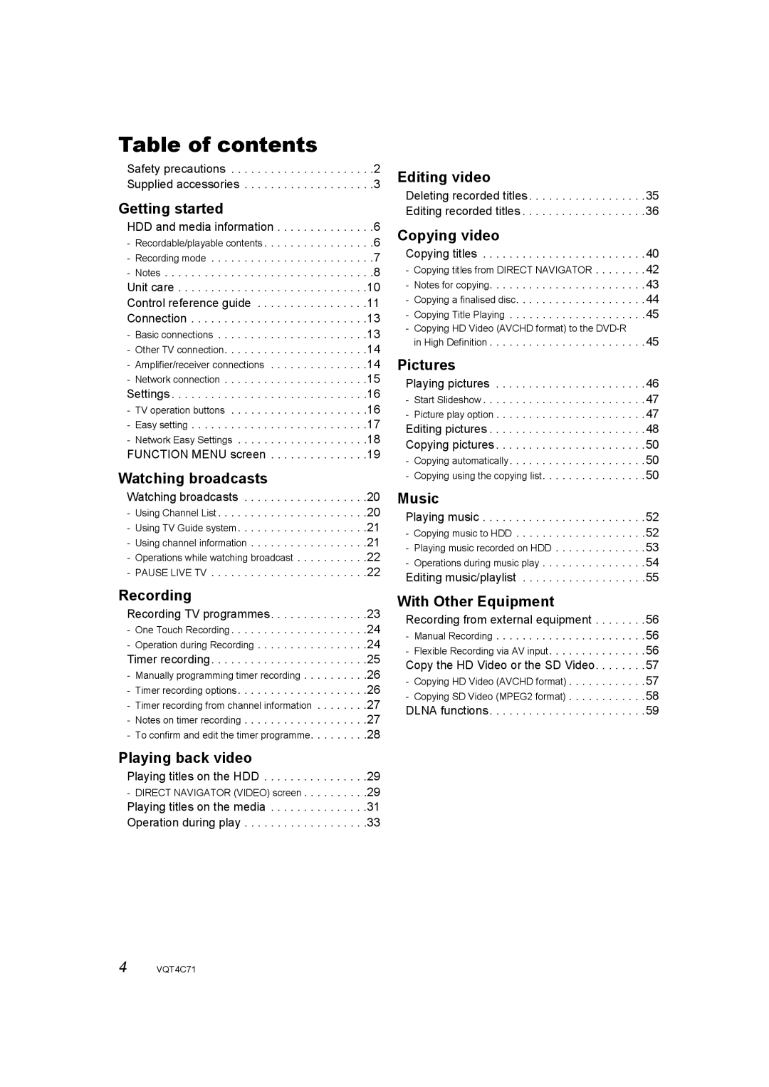 Panasonic DMR-XW390 operating instructions Table of contents 