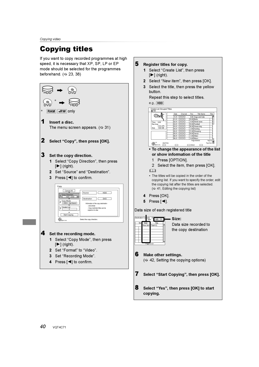 Panasonic DMR-XW390 Select Copy, then press OK, Set the copy direction, Right, Set Source and Destination, Size 