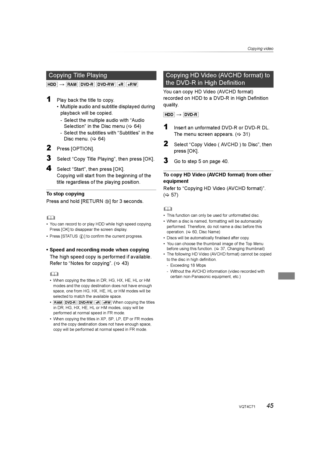 Panasonic DMR-XW390 Copying Title Playing, Press and hold Return for 3 seconds, Speed and recording mode when copying 