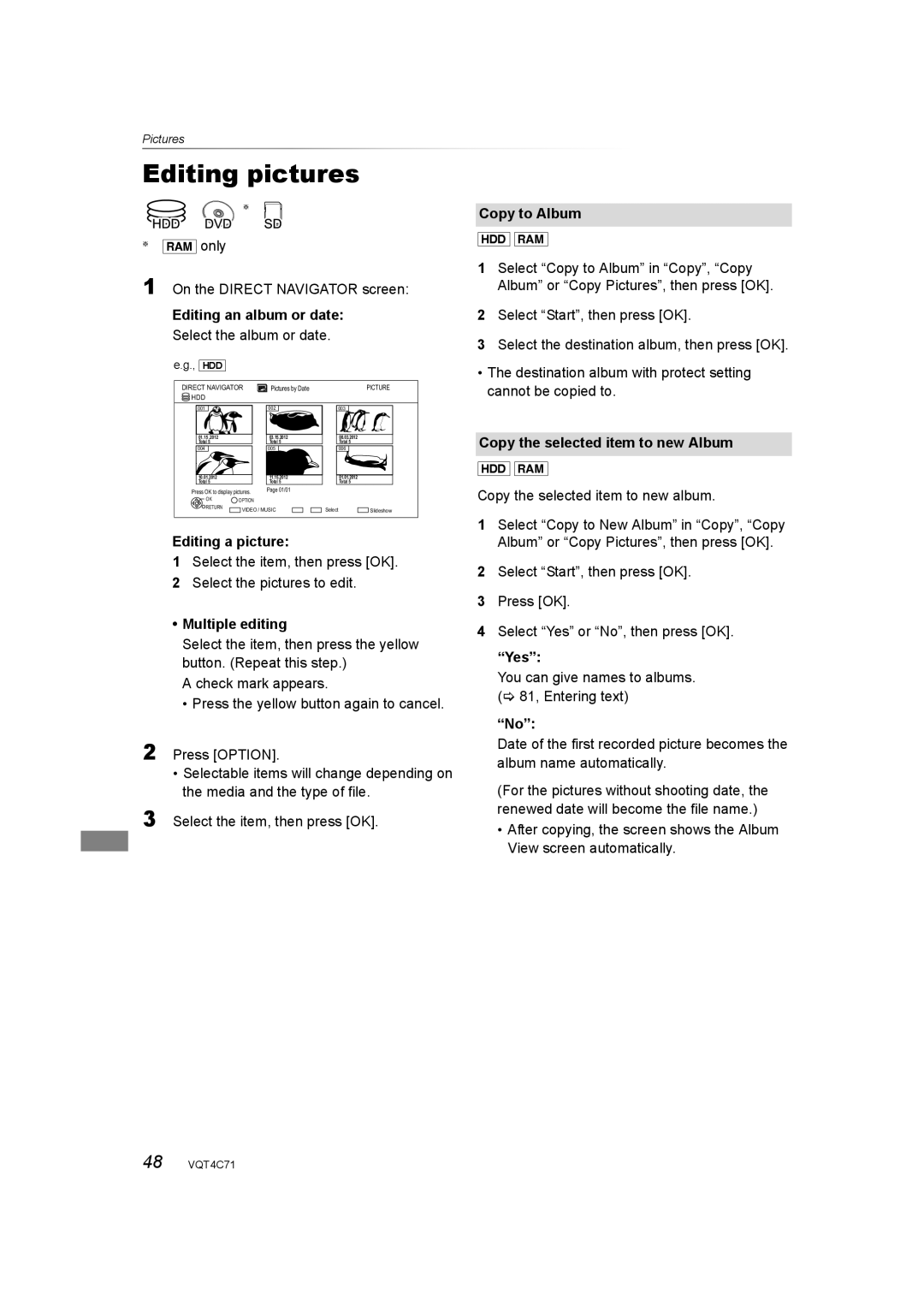 Panasonic DMR-XW390 operating instructions Editing pictures 