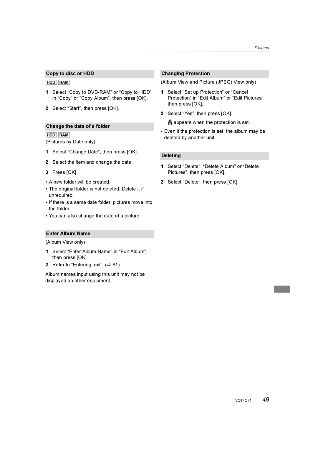 Panasonic DMR-XW390 Copy to disc or HDD, Change the date of a folder, Enter Album Name, Changing Protection 