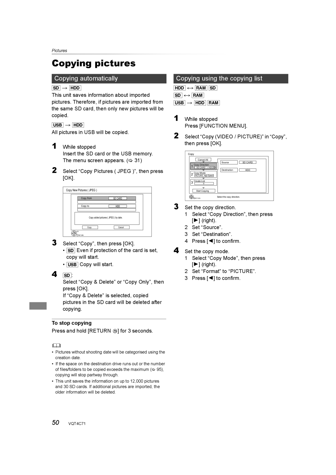 Panasonic DMR-XW390 Copying pictures, Copying automatically, Copying using the copying list, Set the copy direction 