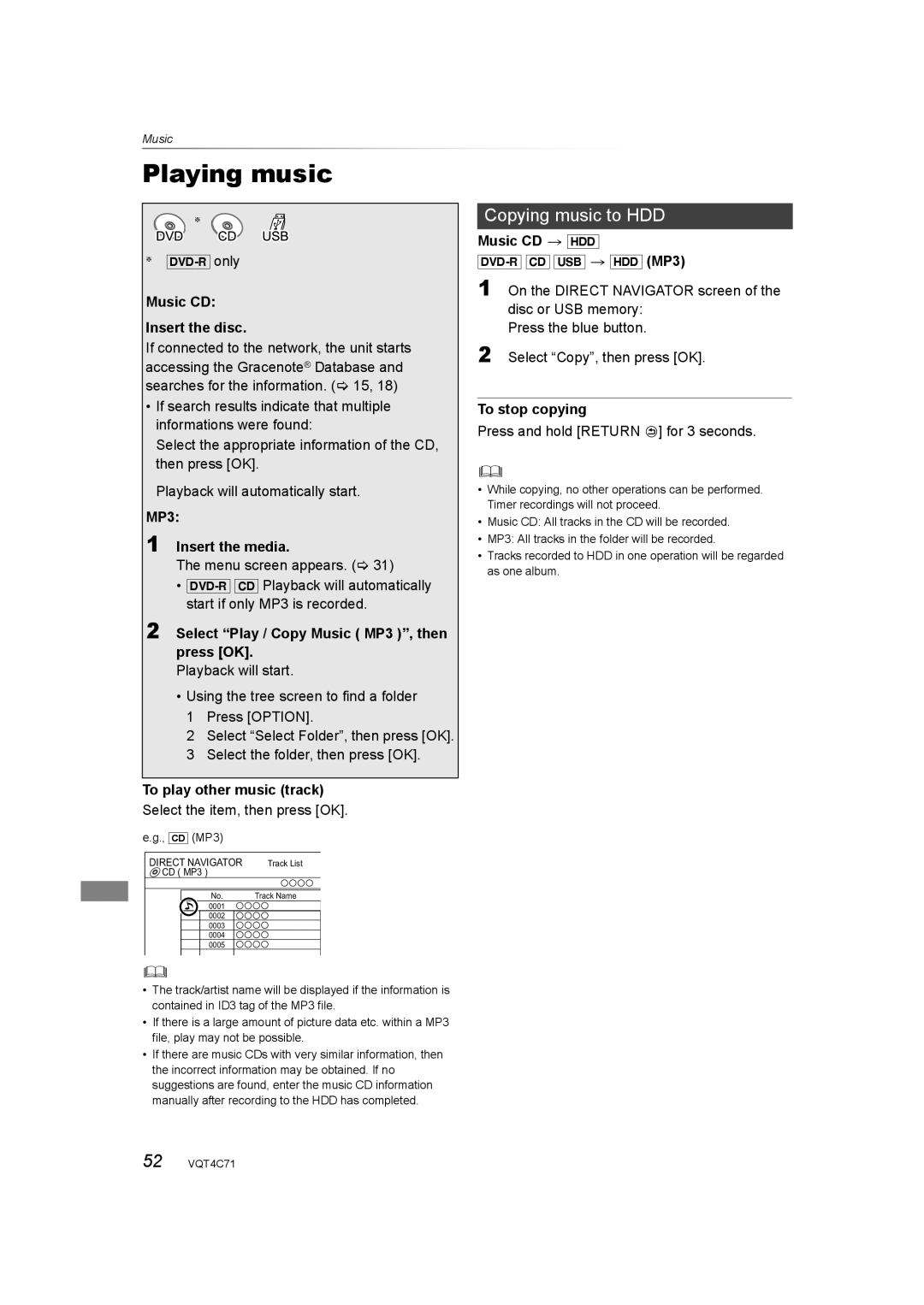 Panasonic DMR-XW390 operating instructions Music Playing music, Copying music to HDD 