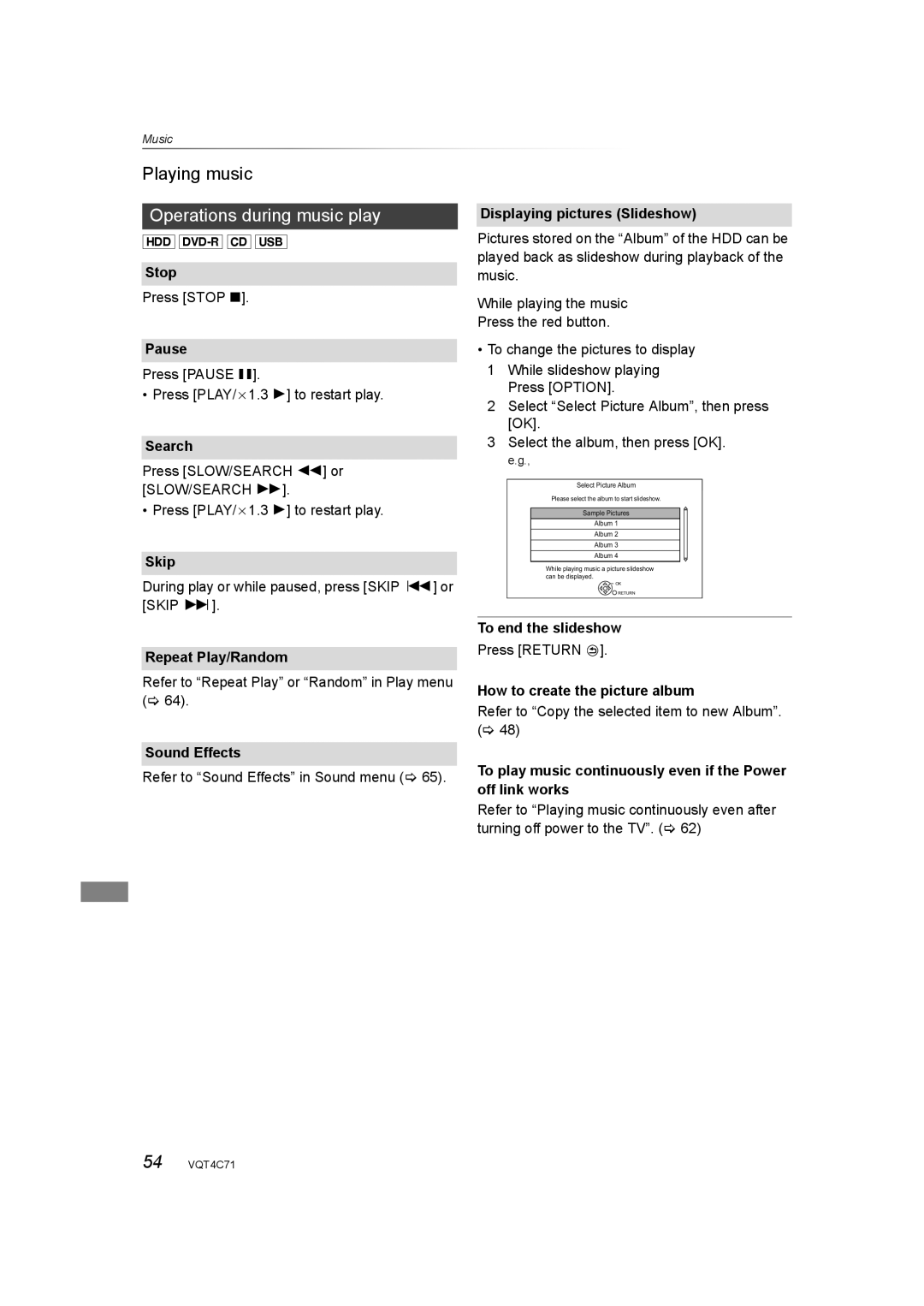 Panasonic DMR-XW390 operating instructions Playing music, Operations during music play 