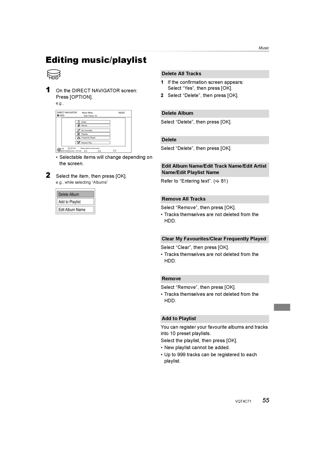 Panasonic DMR-XW390 operating instructions Editing music/playlist 