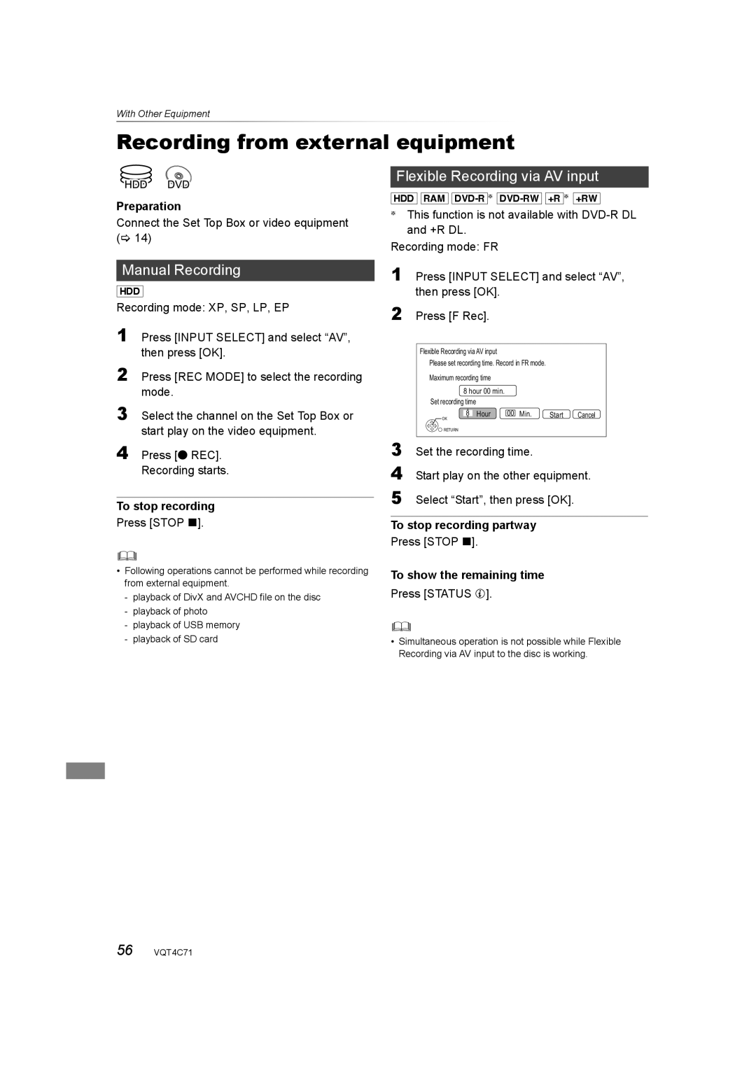 Panasonic DMR-XW390 Recording from external equipment, Manual Recording, Flexible Recording via AV input 