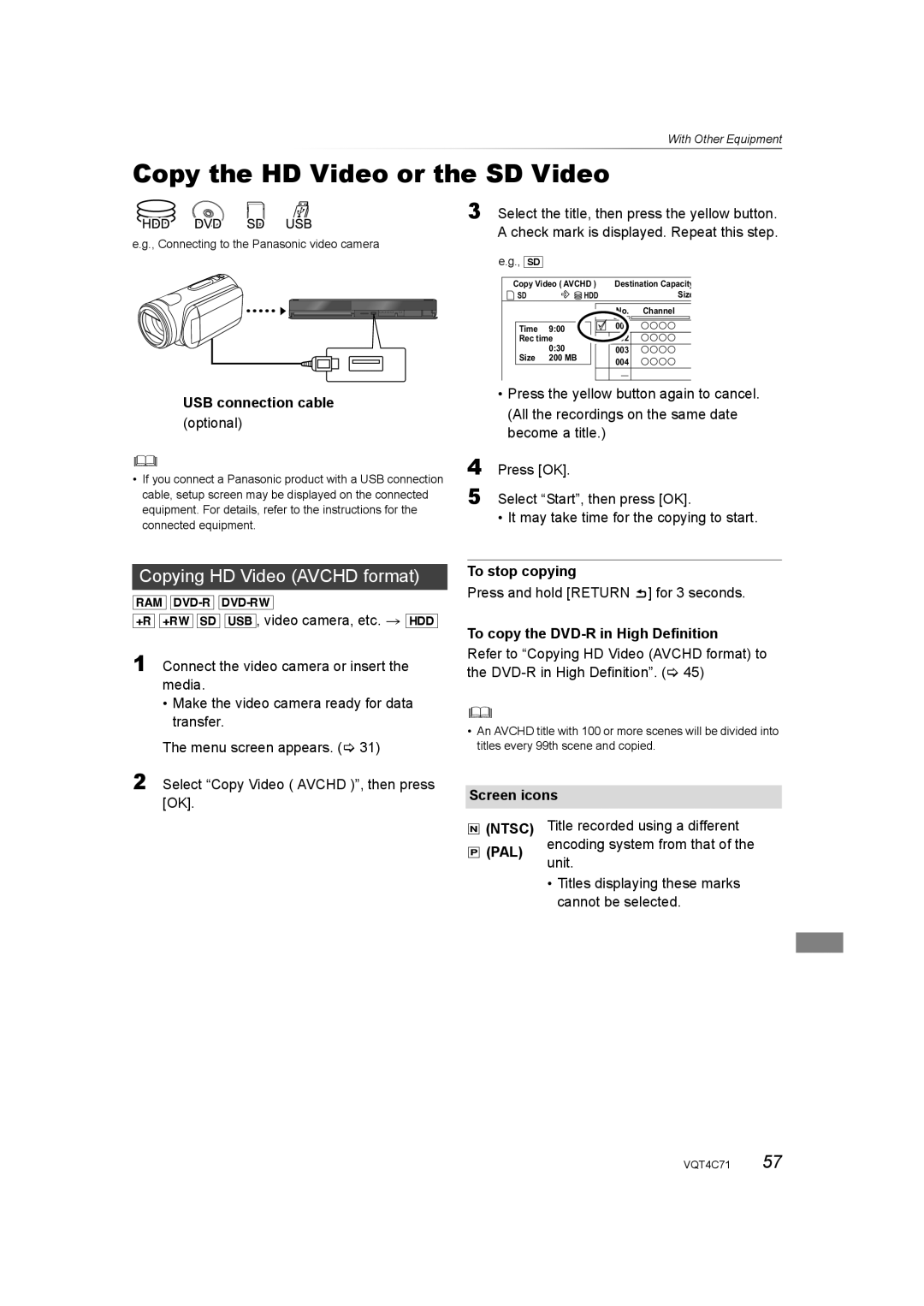 Panasonic DMR-XW390 Copy the HD Video or the SD Video, Copying HD Video Avchd format, USB connection cable 